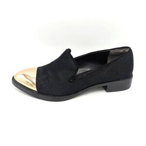 Rachel Roy LYANNAH REAL FUR Black Leather Slip On Loafers Gold Cap Toe Sz 7 (38)